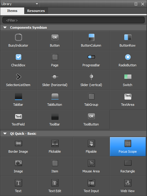 "QML Components pane"