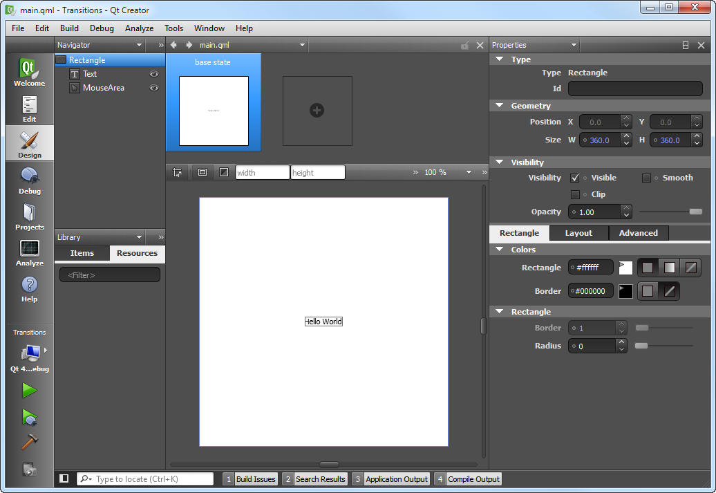 "Transitions project in Design Mode"