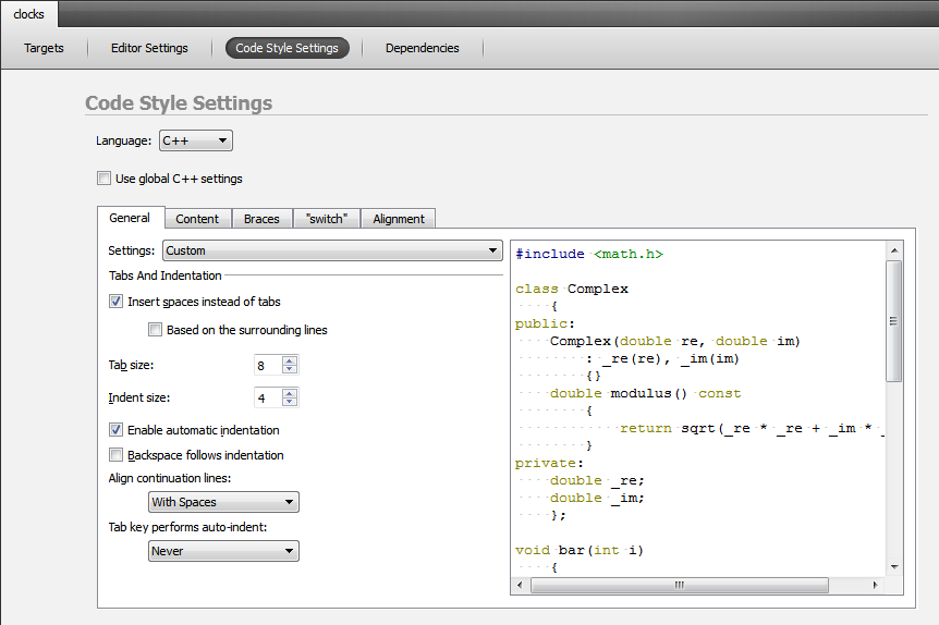 "Code Style Settings view"