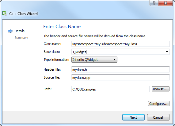 "Enter Class Name dialog"