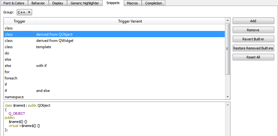 "Snippet options"