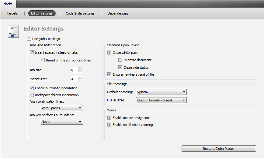 "Editor Settings view"