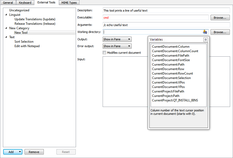 "External Tools options"