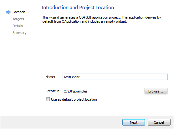 "Introduction and Project Location dialog"