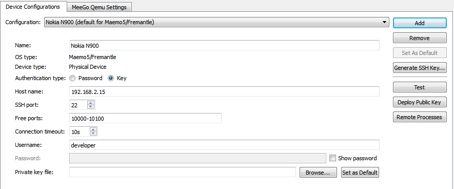"Maemo Device Configurations dialog"