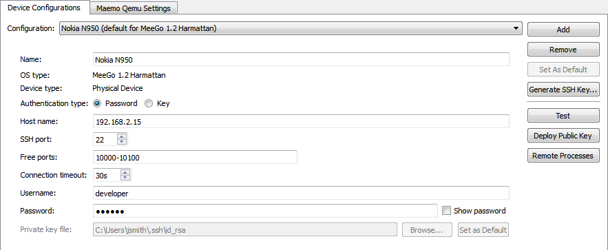 "MeeGo Device Configurations dialog"