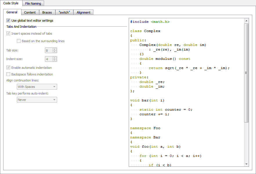 "C++ Code Style options"