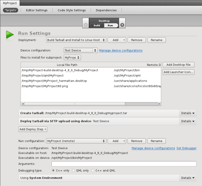 "Run settings for Generic Linux devices"