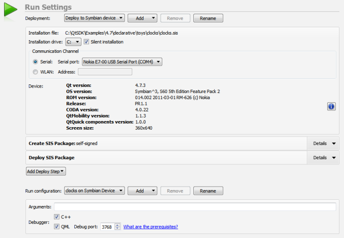 "Run settings for Symbian devices"