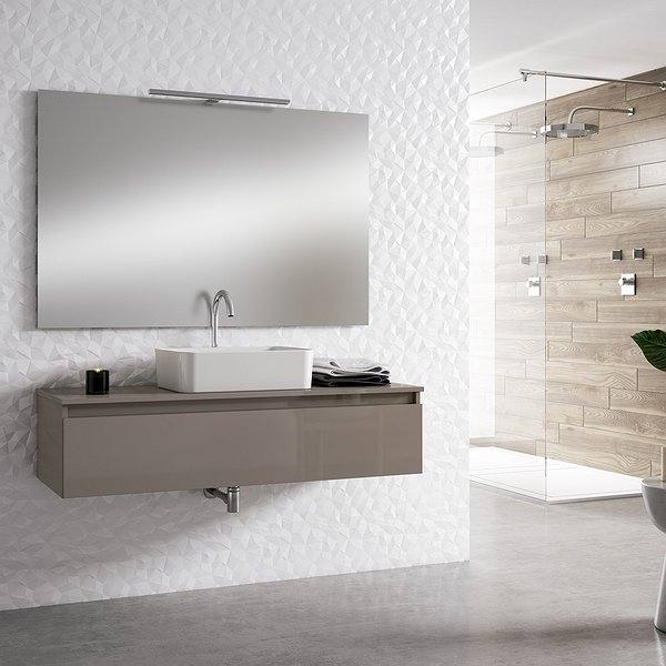 Mueble de baño Box con lavabo Iria sobre encimera 1 cajón Viso Bath espejo sevilla. Acabado tortora brillo