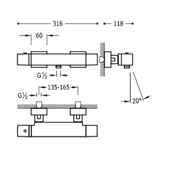 Medida grifo de bañera termostática Cuadro de Tres cromo con cascada 31.6 cm