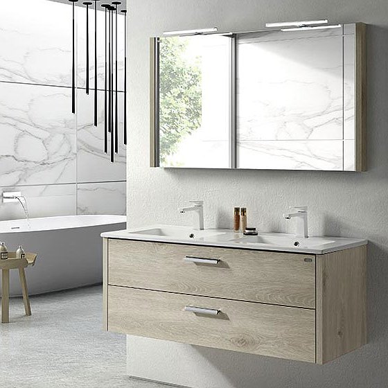 Mueble de baño Nova arena 120 cm doble poza + Lavabo Elis + Espejo Liso + Apliques de luz Valenzuela