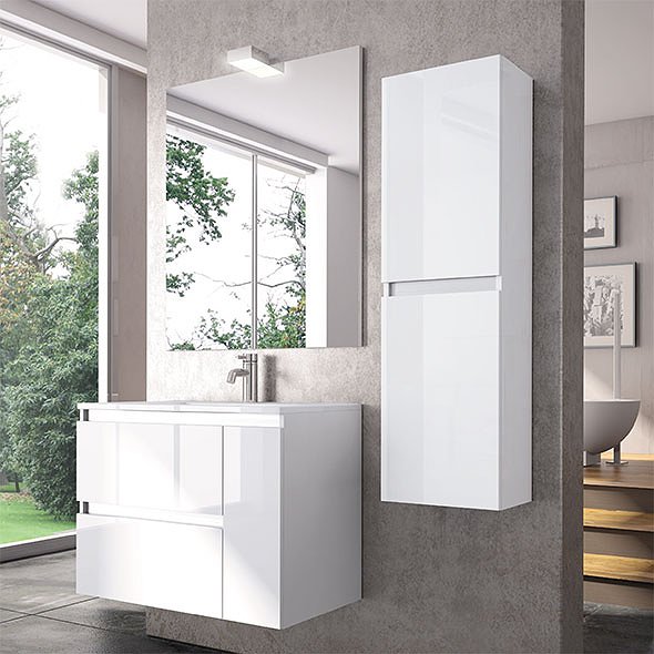 Mueble de baño Kloe 2 cajones 1 puerta 80 cm suspendido acabado blanco + Espejo Liso 80 cm + Lavabo Extraplano cerámica + Columna 120 cm Campoaras