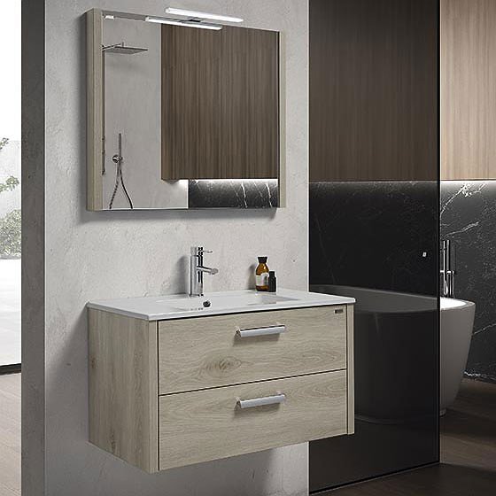 Mueble de baño Nova suspendido 2 cajones color arena 80 cm + Lavabo Elis + Espejo Liso + Aplique de luz Valenzuela