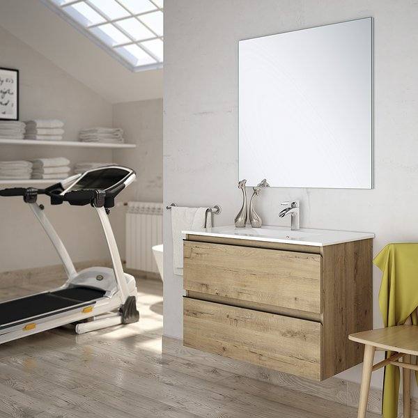 Conjunto mueble de baño Dundee suspendido 2 cajones Bruntec. Acabado roble ostippo, lavabo eco y espejo luna