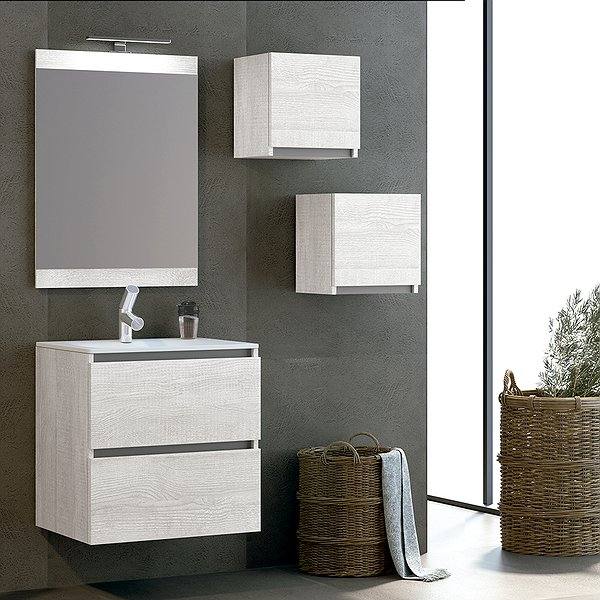 Mueble de baño Kloe 2 cajones suspendido acabado Frente y laterales Nórdico y regleta en griss mate + Espejo Cue + Lavabo Extraplano cerámica + Dado Kloe Campoaras