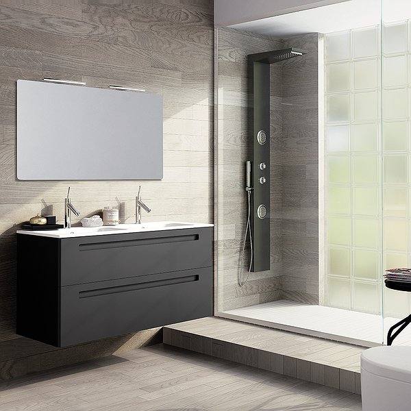 Mueble de baño Paris suspendido de 120 cm + Lavabo plus suspendido doble poza de Avila dos color grafito mate nº 51. Espejo Luna Lisa con 2 apliques de Luz