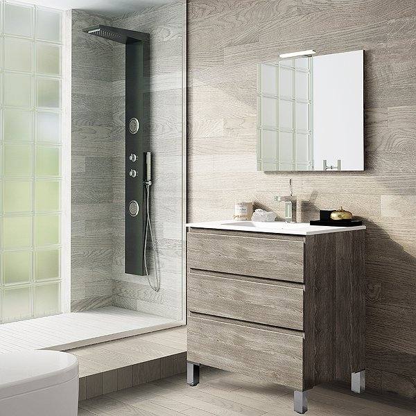 Mueble de baño Carmen + Lavabo de cerámica Plus con patas 3 cajones tirador inclinado de Avila dos color madera nº6..Espejo Luna lisa con aplique