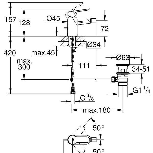Medidas grifo de bidé monomando Eurosmart cosmopolitan de Grohe cromo