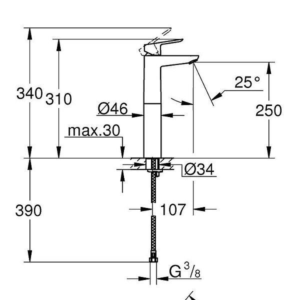 Medidas grifo de lavabo BauEdge L vaciador automático Grohe