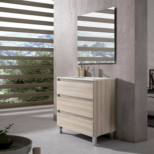 Conjunto mueble de baño Box color crudo 3 cajones + Lavabo encastrado cerámica Flat + Espejo Sevilla