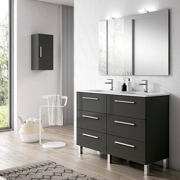 Mueble de baño Noa de 120cm de Viso Bath 6C + Lavabo Flat de cerámica doble seno + Espejo Sevilla con 2 apliques Funny+colgar noa