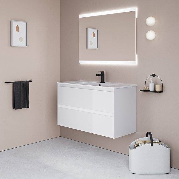 Conjunto mueble de baño Alfa suspendido blanco brillo 2 cajones + Lavabo cerámica Slim + Espejo Due + Toallero Sumi de Royo Group