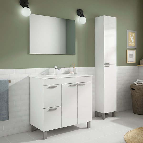 Conjunto Aktiva II Mueble blanco brillo + Lavabo + Espejo EN KIT