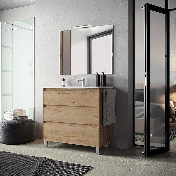 Mueble de baño Carmen + Lavabo de cerámica Plus con patas 3 cajones tirador embutido de Avila dos color nº18..Espejo Luna lisa con aplique