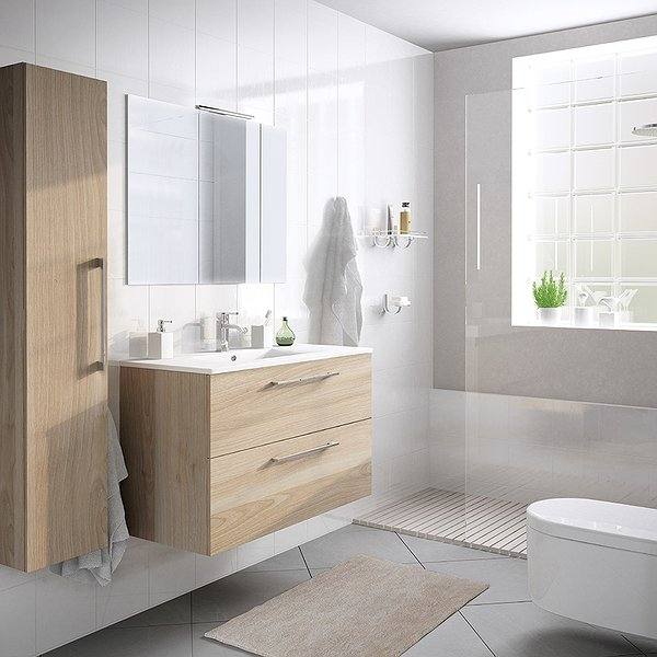 Mueble de baño Carmen + Lavabo de cerámica Plus suspendido 2 cajones ( tirador asa cromo) de Avila dos. Color madera nº 5. Columna y espejo Luna Lisa