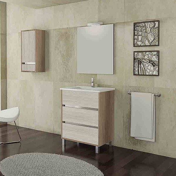Mueble de baño con patas Bahía de Inve 3 cajones color cognac-nórdico + lavabo cerámico onix + espejo Sidney 50x60cm + aplique nº12-17 + colgar Bahía 35x25cm