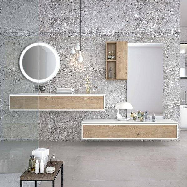 Mueble de baño con suspendido Bahía modular de 100cm blanco lacado-cartagena + lavabo cerámico Onix seno desplazado a izquierdas + cajonera de 1 cajón blanco lacado-cartagena + espejo Round 80cm