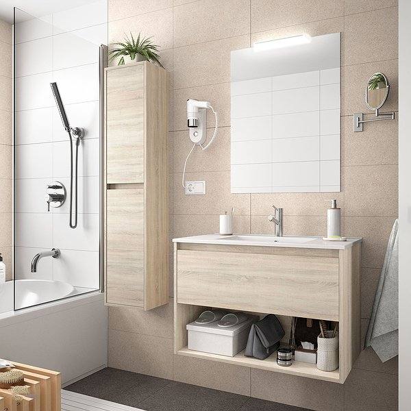 Conjunto mueble de baño Roble Caledonia noja suspendido 1 cajón + 1 hueco inferior de Salgar. Lavabo Iberia con espejo y aplique