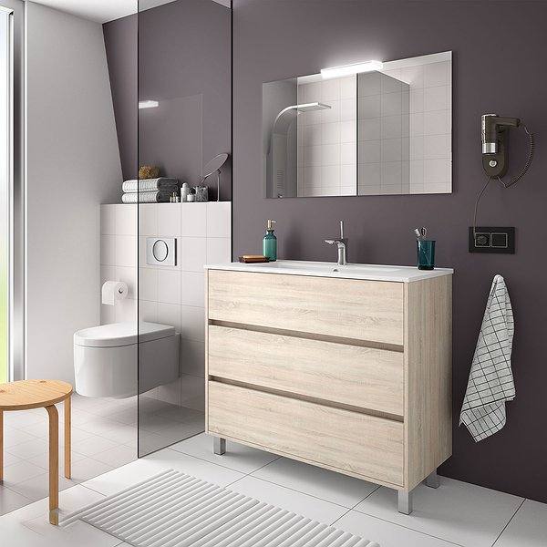 Conjunto mueble de baño Arenys Roble Caledonia  con patas 3 cajones de Salgar. Espejo y aplique Led