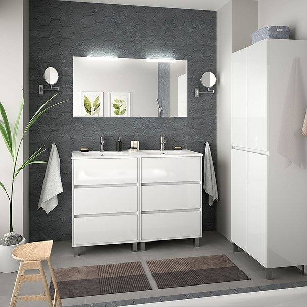 Conjunto mueble de baño Arenys blanco brillo con patas 6 cajones de Salgar. Espejo y 2 apliques Led