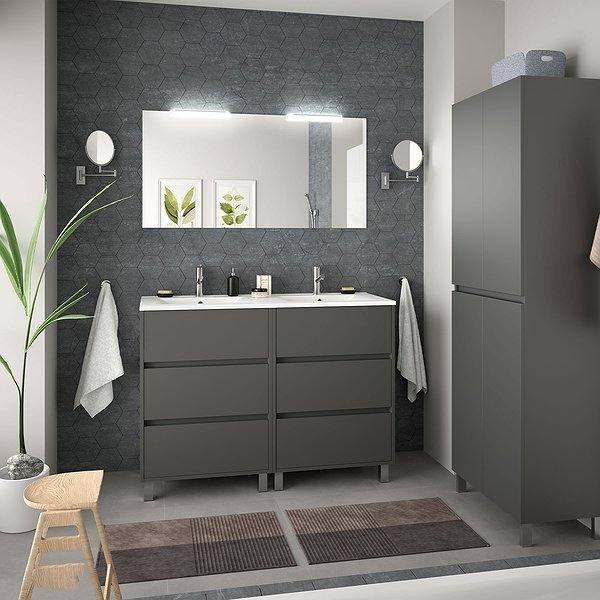Conjunto mueble de baño Gris mate con patas 6 cajones de Salgar. Espejo y 2 apliques Led