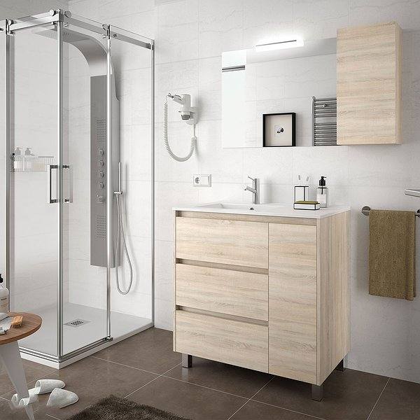 Conjunto mueble de baño Arenys Roble caledonia con patas 3 cajones + 1 puerta der 85 cm de Salgar. Espejo y aplique de luz.