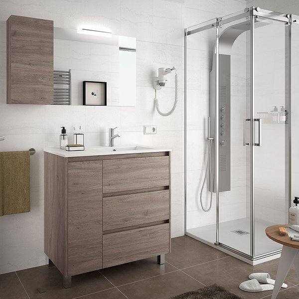 Conjunto mueble de baño Arenys roble eternity con patas 3 cajones + 1 puerta izq 85 cm de Salgar. Espejo y aplique de luz.