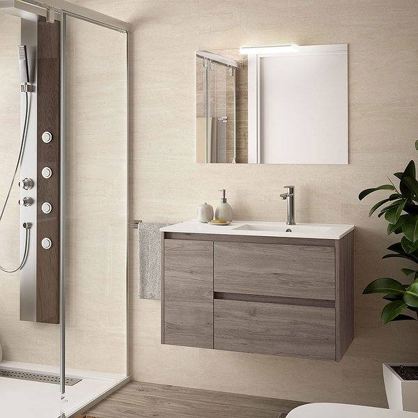 Conjunto mueble de baño Roble Eternity noja suspendido 2 cajones + 1 puerta a Izq de Salgar. Lavabo Iberia con espejo y aplique.