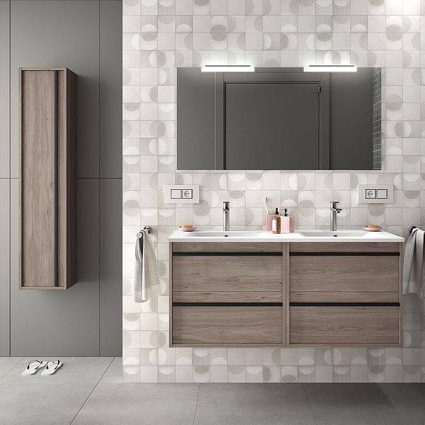 Conjunto mueble de baño Roble Eternity Attila suspendido 4 cajones de Salgar. Lavabo Iberia con espejo y 2 apliques