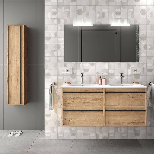 Conjunto mueble de baño Roble Ostippo Attila suspendido 4 cajones de Salgar. Lavabo Iberia con espejo y 2 apliques