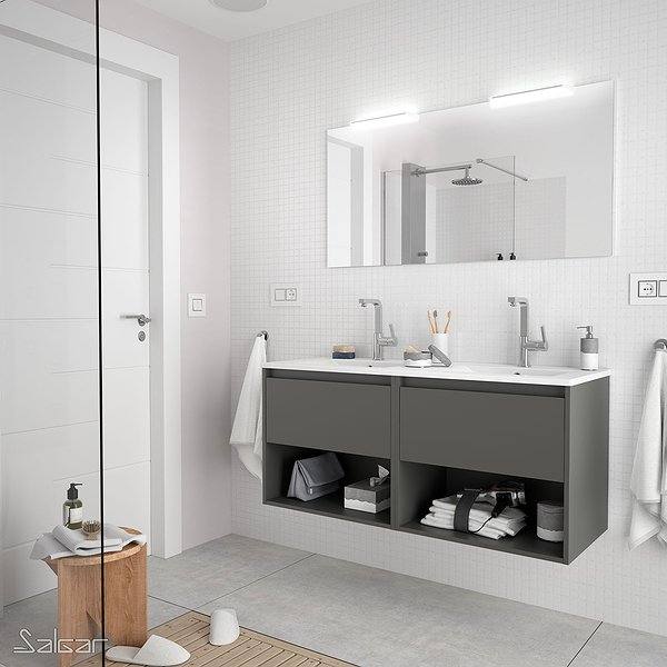 Conjunto mueble de baño Blanco brillo noja suspendido 2 cajones + 2 huecos inferiores de Salgar. Lavabo Iberia con espejo y aplique