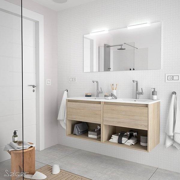 Conjunto mueble de baño Blanco brillo noja suspendido 2 cajones + 2 huecos inferiores de Salgar. Lavabo Iberia con espejo y aplique