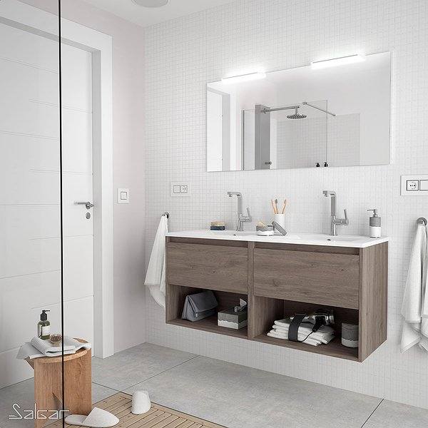 Conjunto mueble de baño Blanco brillo noja suspendido 2 cajones + 2 huecos inferiores de Salgar. Lavabo Iberia con espejo y aplique