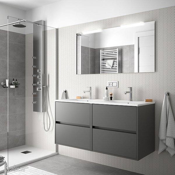 Conjunto mueble de baño Gris mate noja suspendido 4 cajones de Salgar. Lavabo Iberia con espejo y aplique