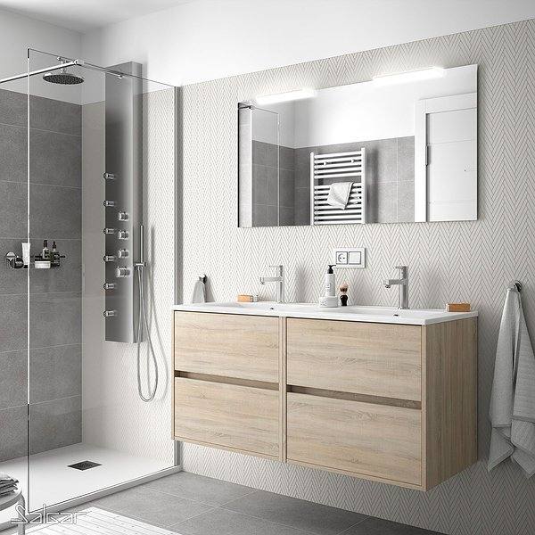 Conjunto mueble de baño Gris mate noja suspendido 4 cajones de Salgar. Lavabo Iberia con espejo y aplique