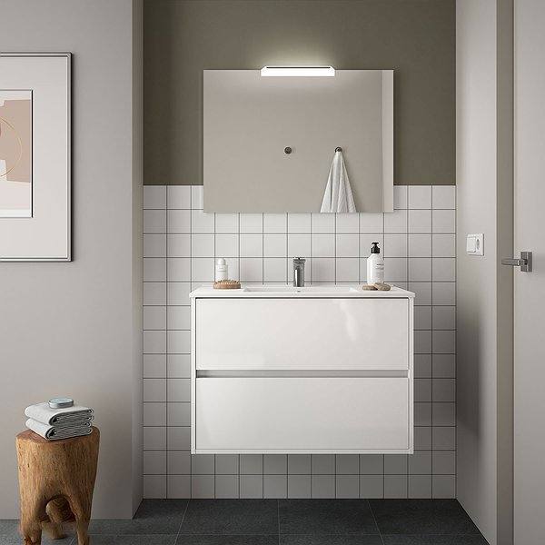 Conjunto mueble de baño Blanco brillo noja suspendido 2 cajones de Salgar. Lavabo Iberia con espejo y aplique