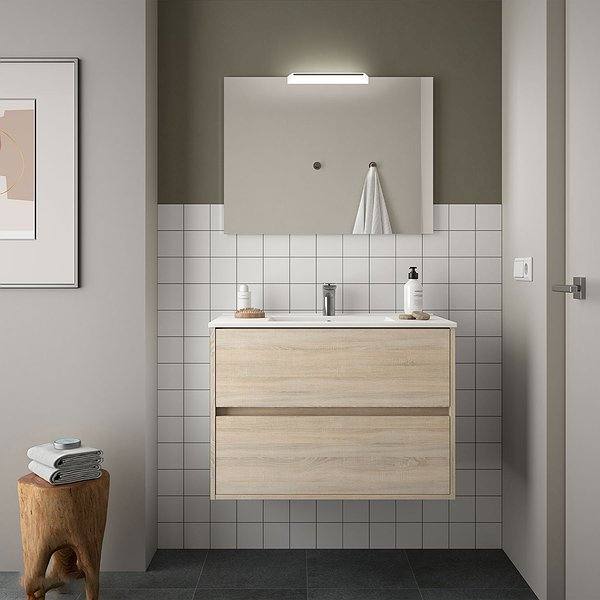 Conjunto mueble de baño Roble Caledonia noja suspendido 2 cajones de Salgar. Lavabo Iberia con espejo y aplique