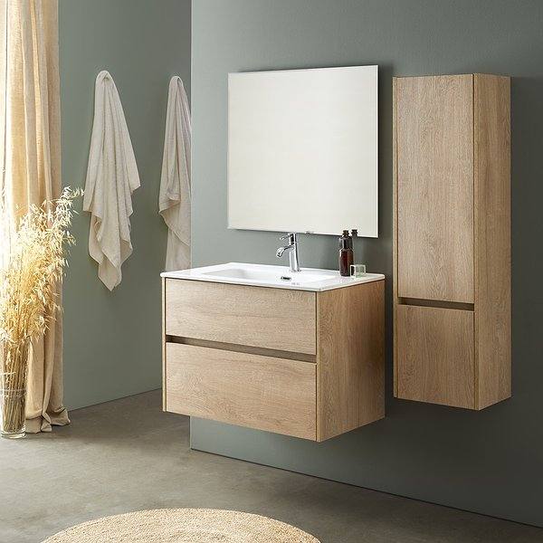 Conjunto mueble de baño Deco Line suspendido con lavabo encastrado Sanchís. Espejo biselado y columna. Color nórdico.