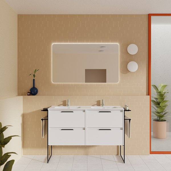 Conjunto mueble de baño con lavabo doble poza Keiko con patas 4 cajones blanco brillo 120 cm de Amizuva Espejo Hoshi